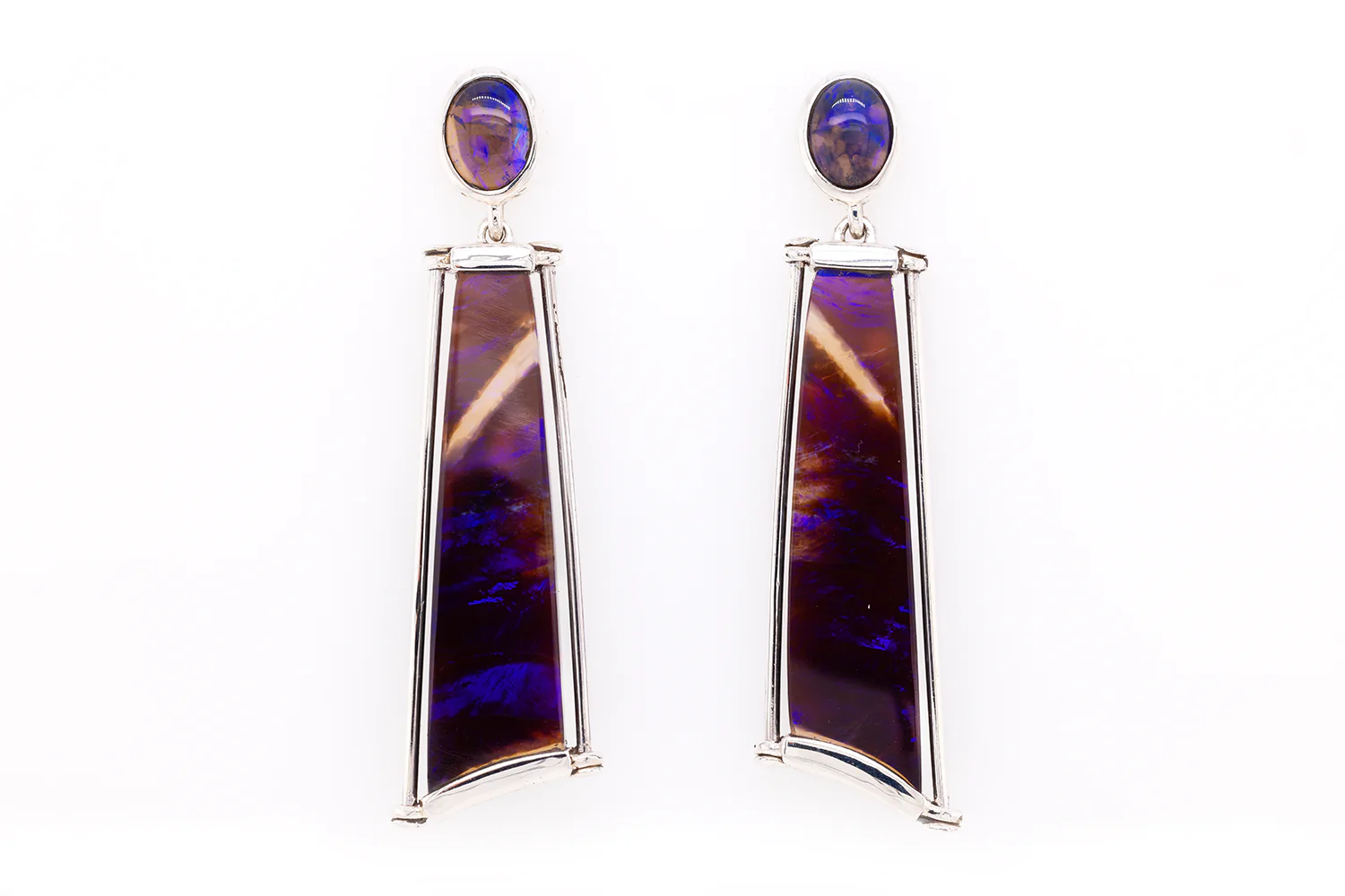 Drop Stud Earrings Sterling Silver with 22.70ct Black Crystal Opals