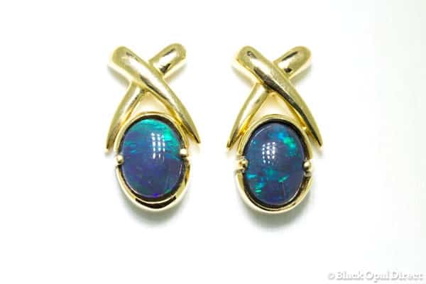 Gold Cross earrings with black opal (blue green)