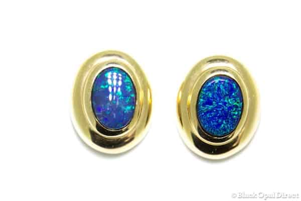 Gold Ningaloo earrings with black opal doublets (green blue)