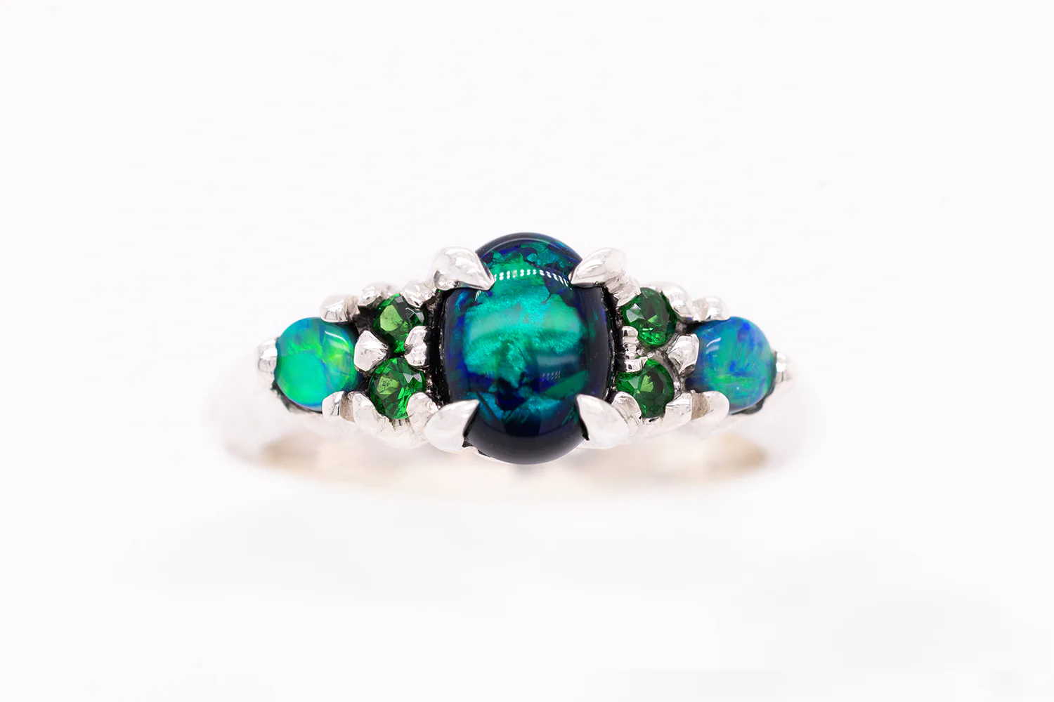 Sterling Silver Ring with 1.28ct Black Opals and Tsavorites